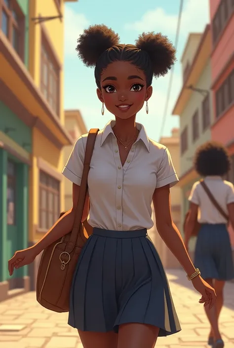 Une fille africaine belle avec une tenue de lycée qui marche souriante 