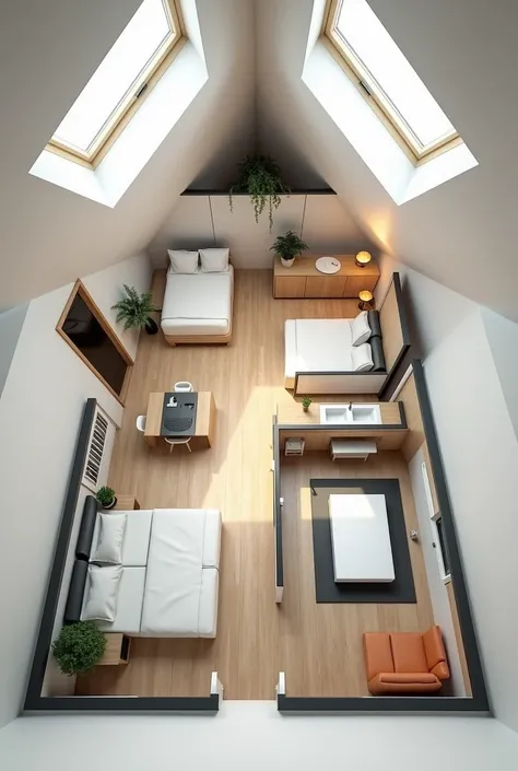  Create a floor plan of a 100 sqm attic, with two bathrooms 