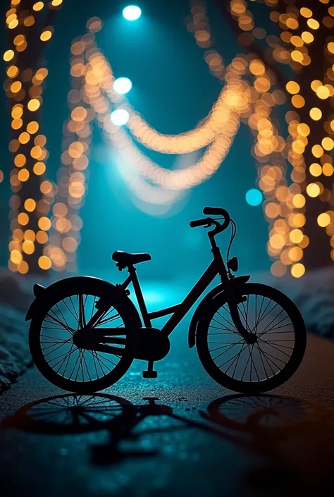 A photographic image of a shadow, a silhouette of a bicycle and Christmas lights, a mysterious and spectacular image 