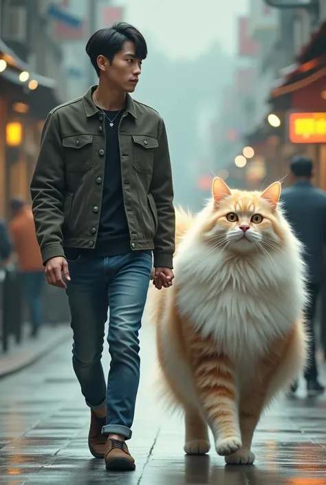 A handsome young Korean-looking Indonesian man wearing a jacket and jeans walks hand in hand with a giant Angora cat.