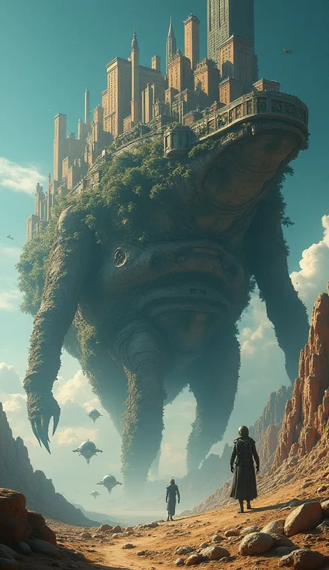 Alien city growing on top of a giant creature"
A massive alien metropolis built on the back of a colossal creature that moves slowly through space. The buildings have organic shapes and change color as the creature shifts. Small aliens fly around, and the ...