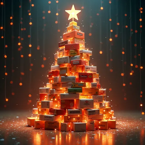 A Christmas tree made up of medicine boxes surrounded by bottomless orange light sparks(PNG)
