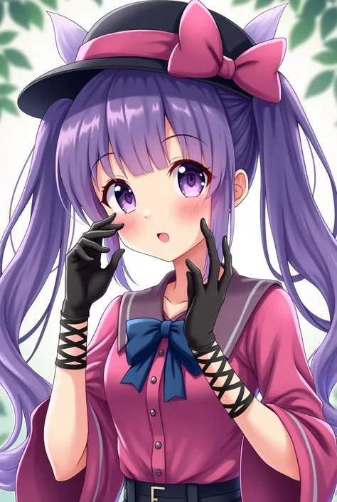 Anime girl with purple hair with two pigtails and hat by Kuromi short fuchsia blouse with black strappy gloves 