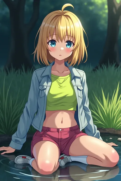  anime girl,  shaggy blonde hair ,  light blue eyes , annoyed look ,  light denim jacket tied around the waist ,  neon green cropped top , pink sorts , white loose socks , white tennis shoes with red stripes ,  sitting in a puddle in a lakeside meadow in a...