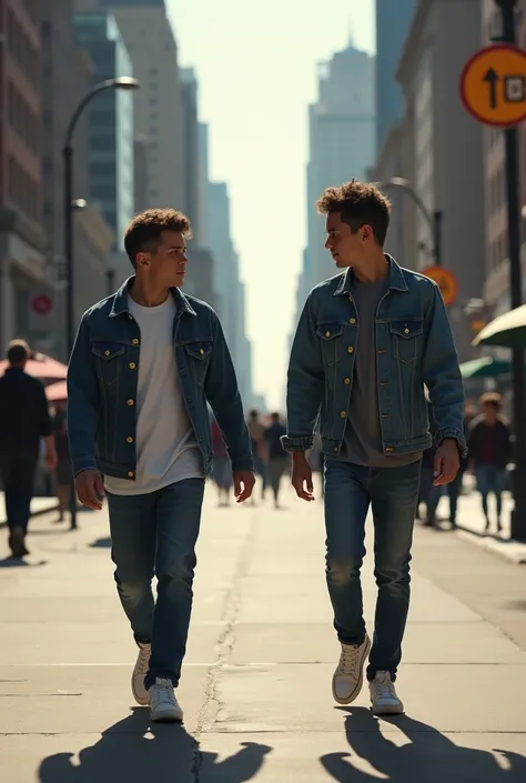  A man passing by a boy on the street, one coming and one coming , Without touching each other the two look at each other and follow each other on a path.  Theyre wearing the same outfit .