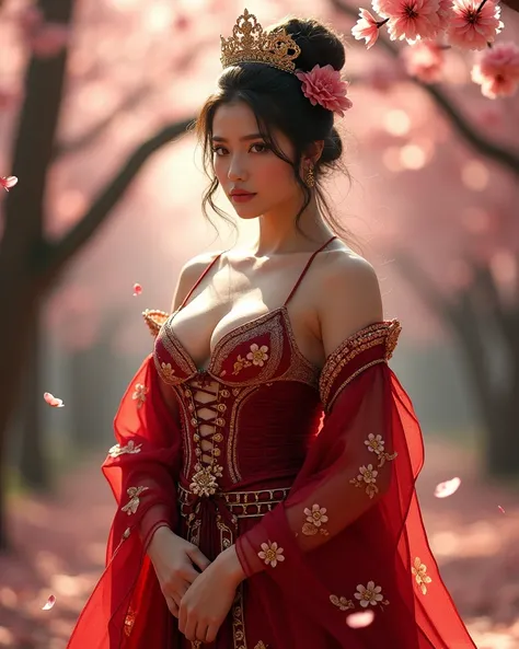 A curvy model inspired by a warrior princess of the Taira clan, captured in full-length. She wears an elegant lingerie set in deep crimson and gold, adorned with delicate embroidery of lotus and phoenix flowers, symbolizing grace, rebirth, and nobility. Th...