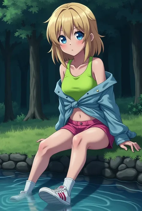  anime girl,  shaggy blonde hair ,  light blue eyes , annoyed look ,  light denim jacket tied around the waist ,  neon green cropped top , pink sorts , white loose socks , white tennis shoes with pink and red stripes,  sits in a dark forest on a lakeside m...