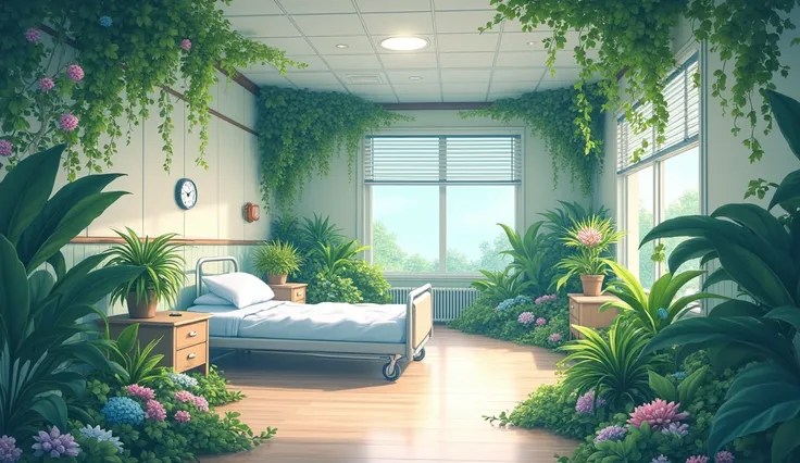 `hospital bed, inspired by senior environment artist, pixiv, maximalism, (so many plants), soft cute colors, detailed wide shot, Kyoto Animation Studio anime style 4 k, serene illustration --ar 16:9 --niji`
