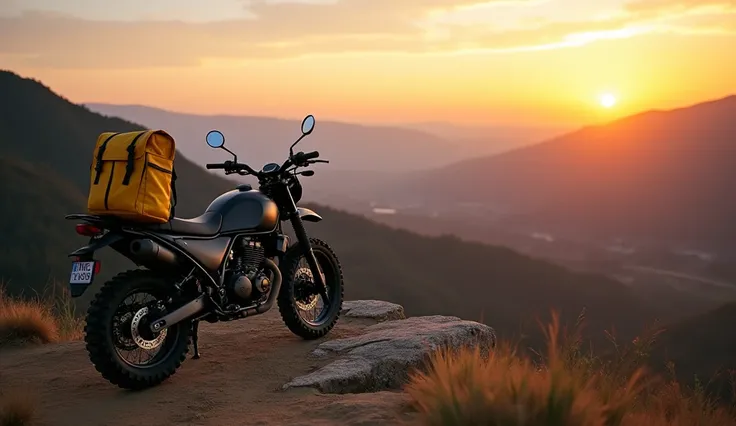 A picture of a yellow bagpack on a parked black geared motorbike on a cliff with fhe view of the valley during sunset
