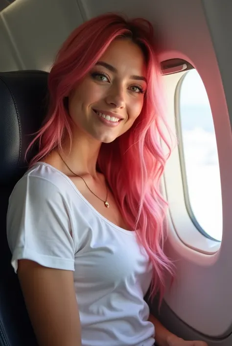 A woman is inside an aeroplane, looking out of the window. She is dressed with white tshirt and jeans short. She is a very beautiful slim 25 years old girl, has long wavy magenta beach-style magenta hair, bright green eyes, and fair skin; she looks happy. 