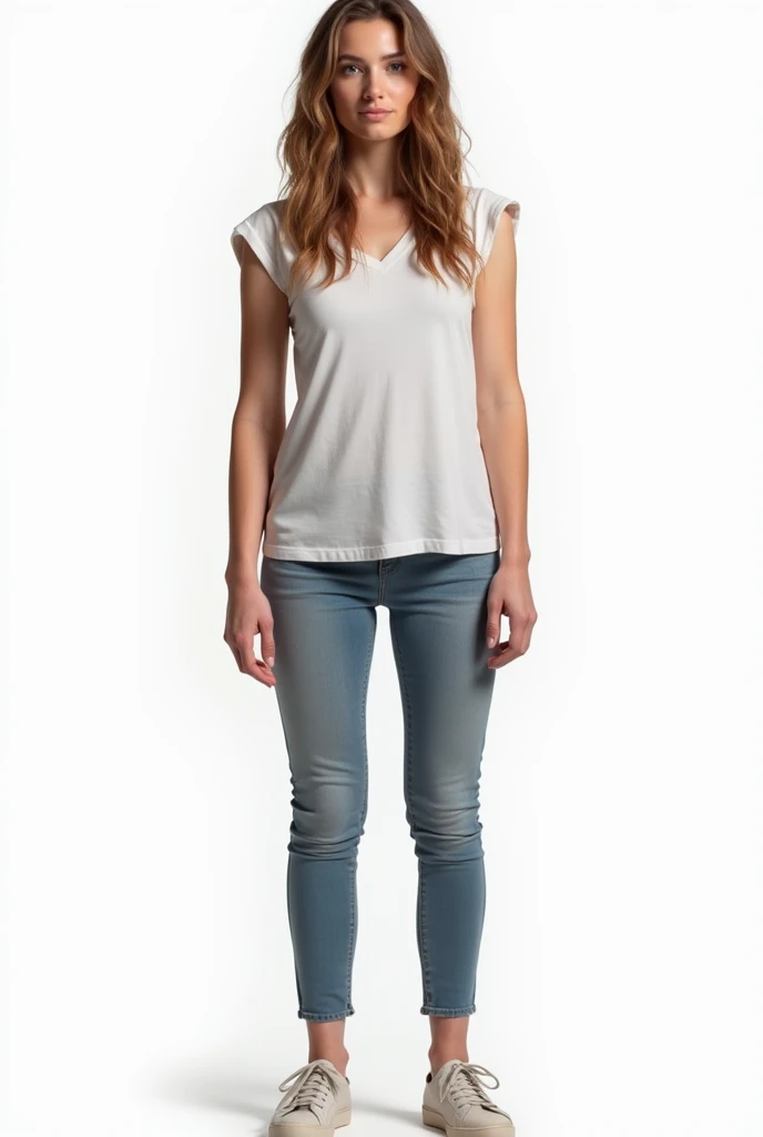 photorealistic full-body photo of a girl of about 25 years old, with casual clothes, full body, well-defined body, hips a little wide and beautiful, hands loose in front of the camera, as if she were going to lecture. White total background.