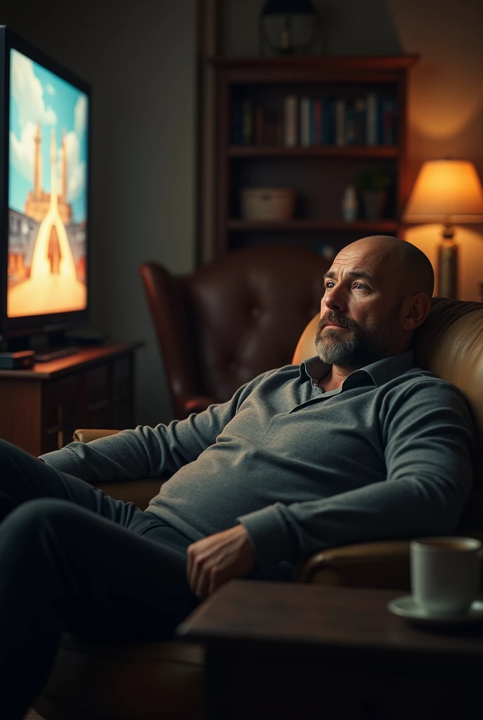 Bald guy with a beard watching TV on the couch 