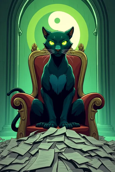 Panther 
Cartoon
Green Eyes
Yin Yang in the background
Throne
Huge pile of paper on the ground