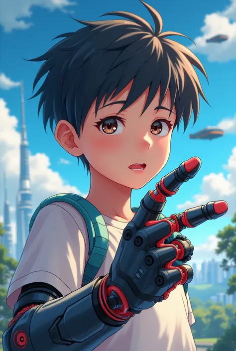 The robotic arm is the boys hand and the style is like anime