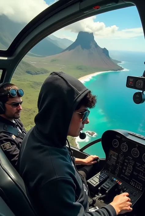 Selfie depuis la cabine dun hélicoptère à côté du pilote au dessus dun volcan fumant au bord des côtes luxuriante dun océan bleu azure. On ne doit pas voir ni mon visage ni celui du pilote. Je porte un hoodie noir Louis Vuitton (faire apparaître les logos ...