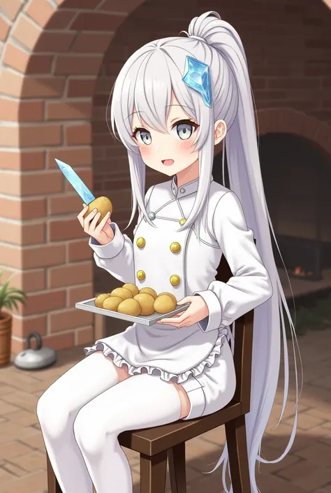 1girl,petite,white long hair,single hair bun,long ponytail,ice crystal hair ornament, grey eyes, rounded jaw,white jacket,long sleeves,gold buttons,frilled white apron,  white pantyhose,white shorts,((belt)),
holding ice crystal knife,Peeling potatoes,sitt...