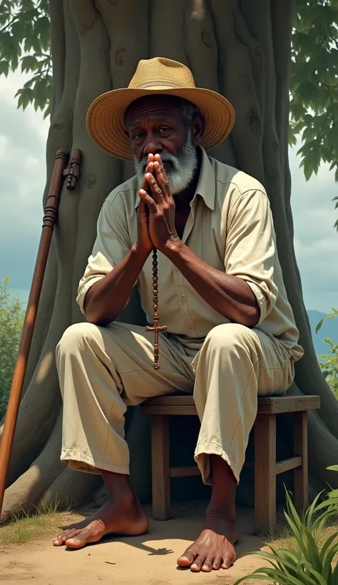 Old black man with a straw hat covering his eyes White pants and shirt Wooden rosary with crucifix in hand With a small wooden cane fallen to the ground Sitting on a small wooden stool Near a tree Barefoot 
