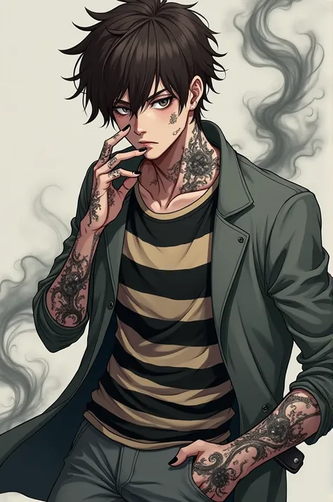  17-year-old manga style boy .  brown hair,  gray eyes and nails and black smoke-shaped tattoos.  His outfit is a striped black and beige shirt , a gray coat and gray pants 