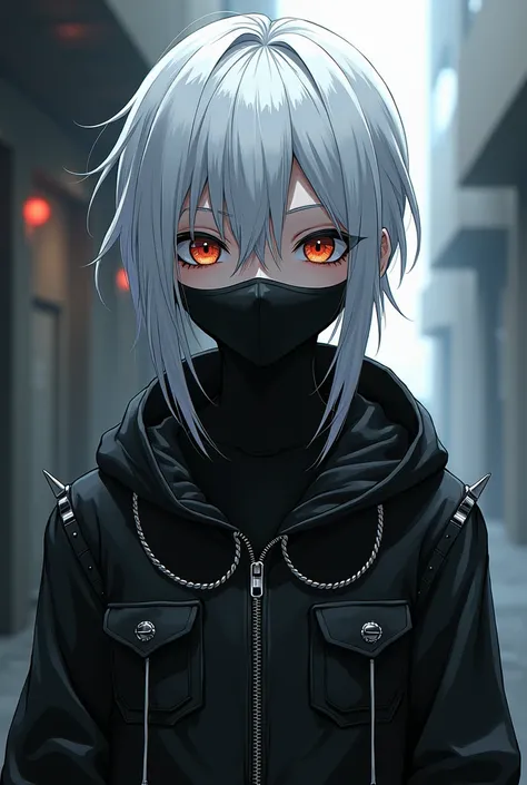 Metalhead dark emo anime character smiling eyes with mask spikes white and black 