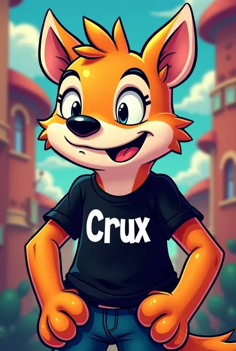 I want you to generate a cartoon wearing a black t-shirt written on crux