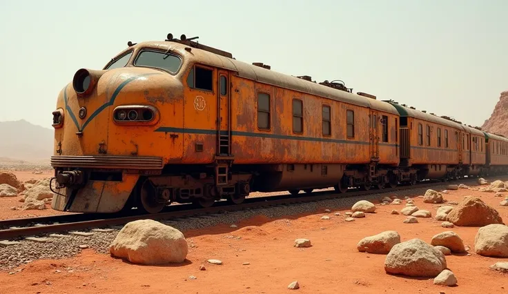 Here is a detailed description of the image in a point-wise format:

1. Rusty Train:

The central focus of the image is an old, rust-covered train sitting on railway tracks.

The train has a curved and vintage design with prominent, rounded front windows a...