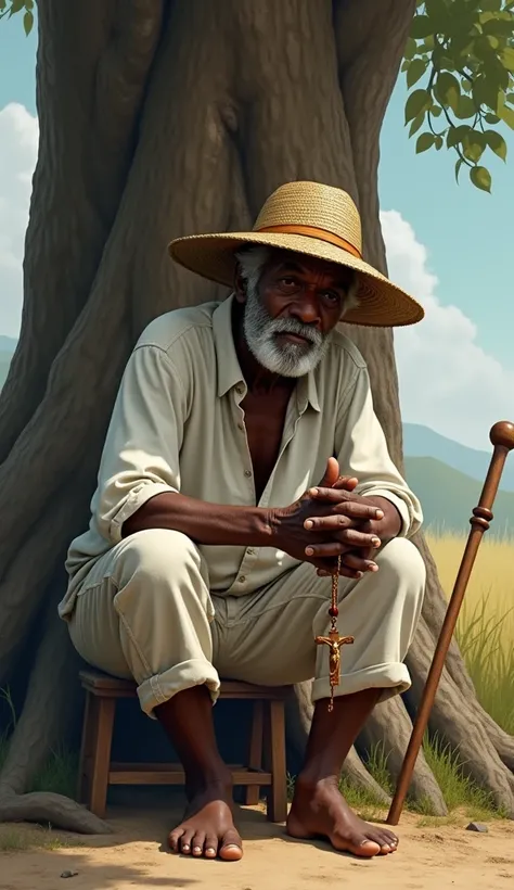 Old black man with a straw hat covering his eyes White pants and shirt Wooden rosary with crucifix in hand With a small wooden cane fallen to the ground Sitting on a small wooden stool Near a tree Barefoot 
