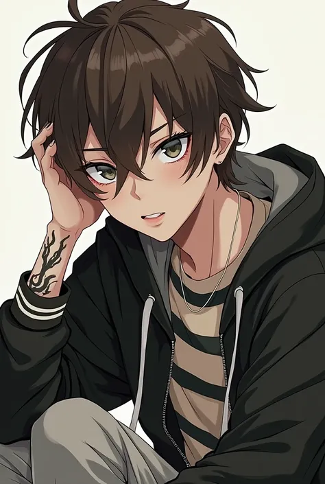  17-year-old manga style boy .  brown hair,  gray eyes and nails and black smoke-shaped tattoos.  His outfit is a striped black and beige shirt , a gray hoodie and gray pants