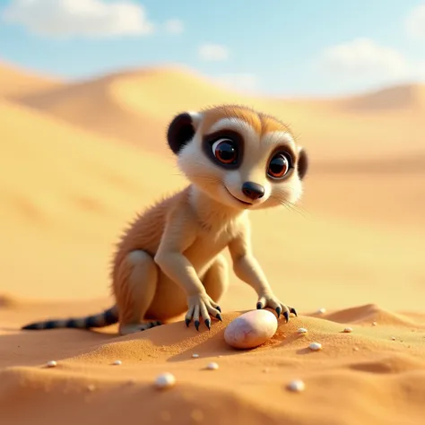 A curious meerkat, digging in the sand with its claws, excitedly finds a shiny, smooth pebble.