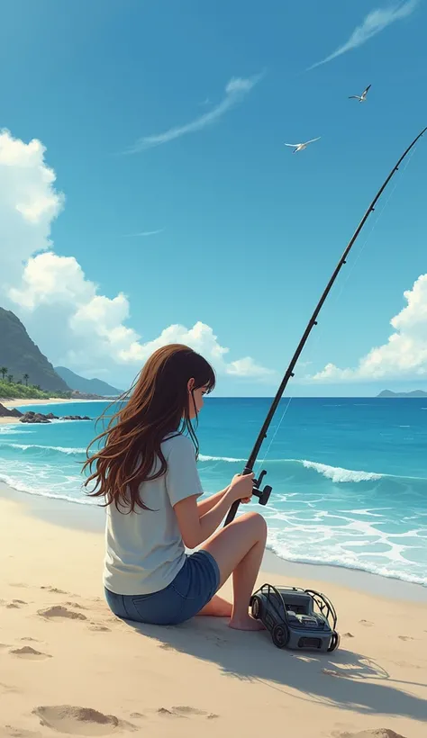 Long-haired brunette woman fishing on the beach 