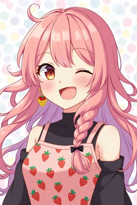 1 in pixel , of pink hair with braid ,happy,wearing a strawberry print tank top with a black blouse underneath, and strawberry earpiece 