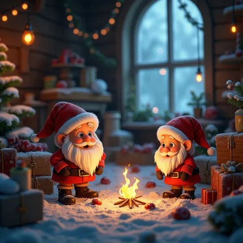  Realistic, Kazkovo-cartoon world. high quality ,  highly detailed ,  hyperrealistic,  extremely realistic ,  photorealistic , 8k,  In Santas house, gnomes produce a variety of toys for ren, around the mess and a lot of flashlights 