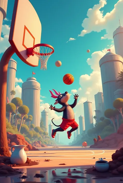 Lets take a picture of some ren playing basketball with the basket silos and balls and let the middle and have a saucepan with chocolate and jugs next to it