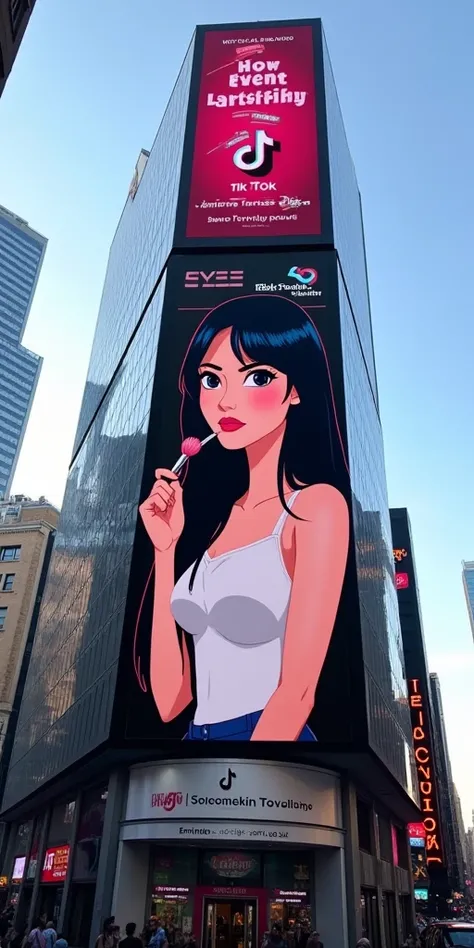 New York Billboard on tall building at Times Square, promoting Tik Tok Live Fest with a Woman 30 years, long straight black hair, wearing sleeveless white tank top, Holding a blush brush. Says @soymelissanavarro

Pixar Cartoon Disney character Animation 
