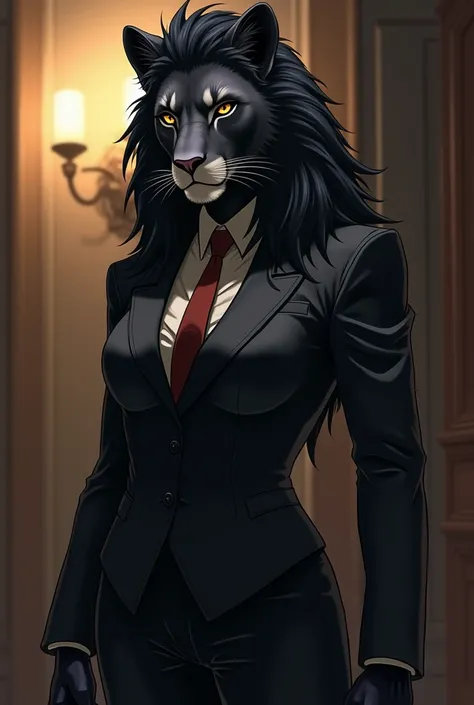 Beastars style anime, anthro female lion, BLACK fur, BROWN eyes, no mane and no hair, short hair, scars, suit. She is mesmerizing looking, strong, a leader of a mafia.