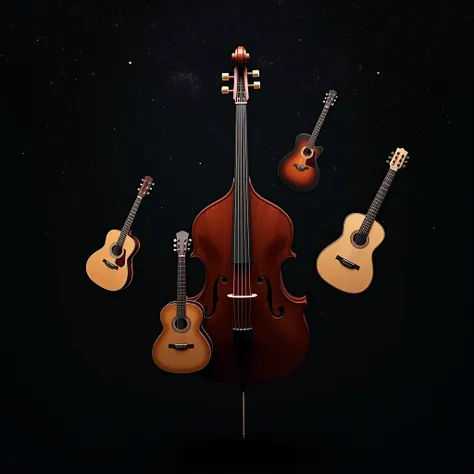 1 low, 1 double bass ,  acoustic guitars and a 12-string guitar floating in space,  realistic 