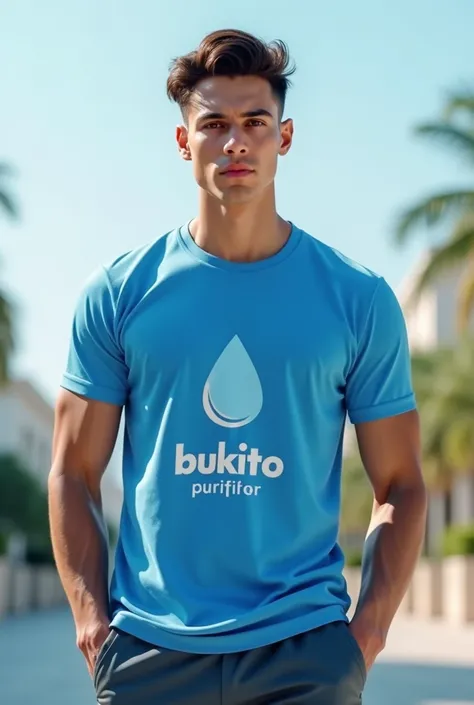 Create an image of a young man with an athletic body wearing a blue t-shirt with a logo of a drop of water that says “Bukito Purifier” underneath