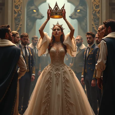 A beautiful woman in a regal dress, holding a crown above her head, handsome men around her, wolf eyes glowing in the background