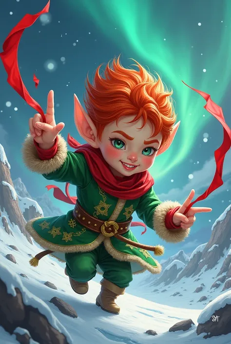 Fantasy north pole santa elf redhead with ribbons like ninja shuriken