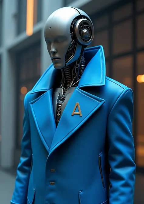 A robot wears a blue coat and has the letter A on its chest