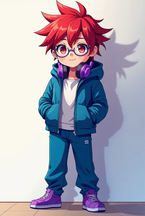 A boy with 16 , with red hair,  purple headphones ,  elegant lenses , Chaqueta azul, long blue pants, purple shoes,  anime style