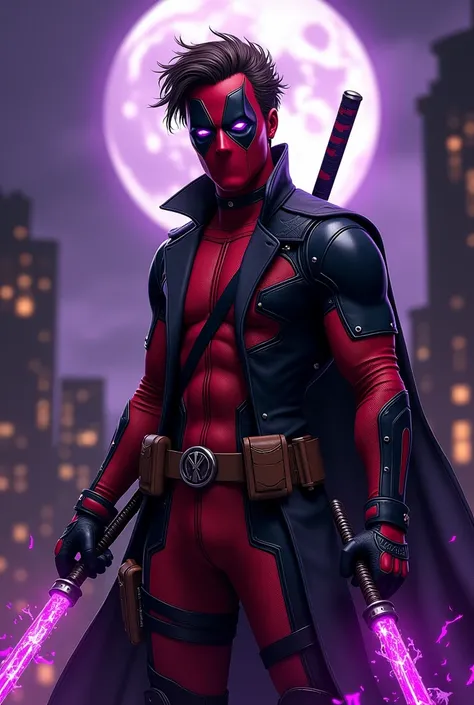 1. Subject: Hybrid of Gambit, Deadpool, and Raven.


2. Pose: Dynamic and mysterious.


3. Outfit: Gambit’s trench coat, Deadpool’s red-black suit, Raven’s mystical cloak.


4. Accessories: Glowing cards, dual katanas, shadow aura.


5. Expression: Playful...