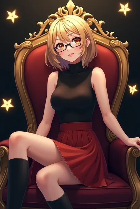 Beautiful 30-year-old lady with dark blond hair with glasses and beautiful smile sitting on gold-colored iron chair with crown on the back with black t-shirt sleeveless turtleneck and short red skirt with long black boots sitting with one leg on top of the...