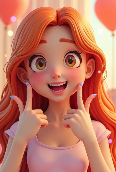 Une femme rousse aux yeux noisettes fait une grimace avec ses doigts. Style: Manga humoristique romance 3D.