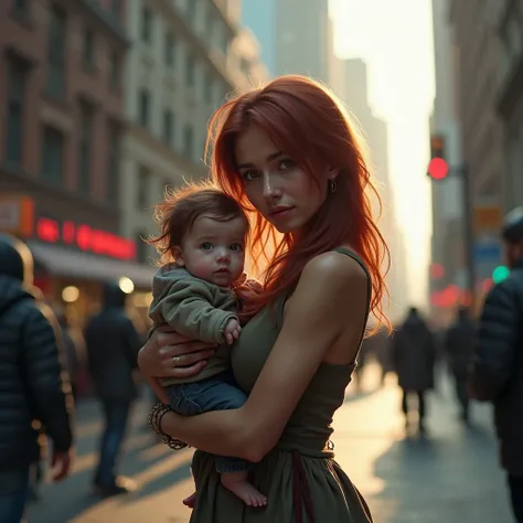 A modern, vibrant scene in New York City with bright and lively colors. In the foreground, a beautiful homeless young woman with reddish-brown hair, wearing an old, worn-out dress, is returning a baby to someone. Her expression is intense and enigmatic, wi...