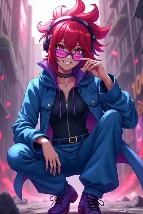 18 , with red hair, cool, epic anime,  mischievous smile , Chaqueta azul, long blue pants,  purple headphones ,  elegant lenses , purple shoes 