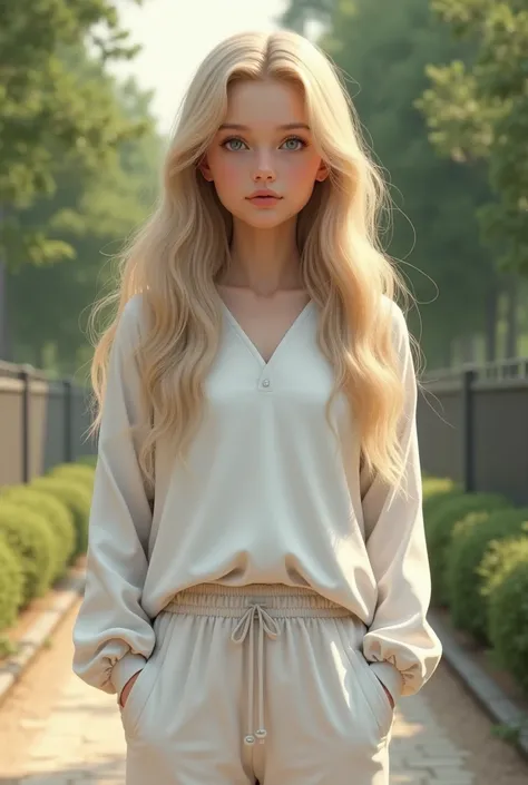 Bh white and white joggingpants tied blonde hair young girl with long hair realistic in reallife