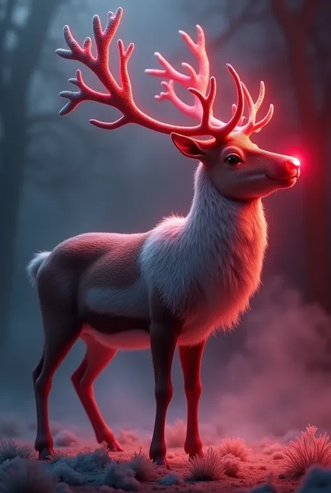 A red-nosed reindeer , Full body looking up from the side,  body,  climate and neon lighting, Ultra Realistic, smoky and blurry background