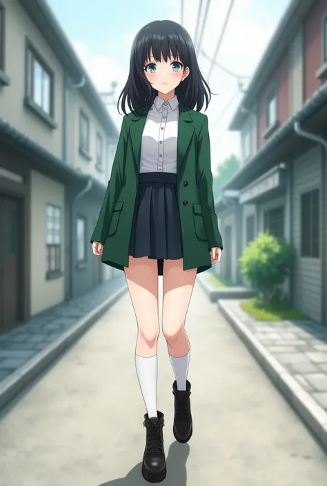 Create an anime character with :  black hair and light blue eyes ,  perfect body with perfect waist and curves.

clothing:  an ordinary green coat with a short skirt
Straight and a black boot and a white knee-high school stocking 
