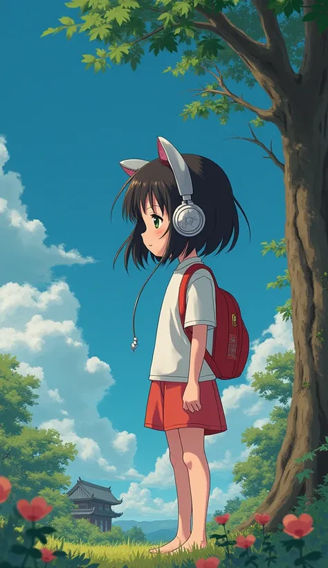  Studio Ghibli style animated film、 movie stills 、 top quality 、masterpiece、Representative works、 Official Art 、 Professional by Tenny、Ultra-compact、8k、Stylish college girl 、 headphones、reluctant machine、lo-fi