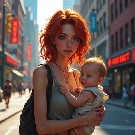 A modern, vibrant scene in New York City with bright and lively colors. In the foreground, a beautiful homeless young woman with natural red hair, wearing an old, worn-out dress, is returning a baby to someone. Her expression is intense and enigmatic, with...